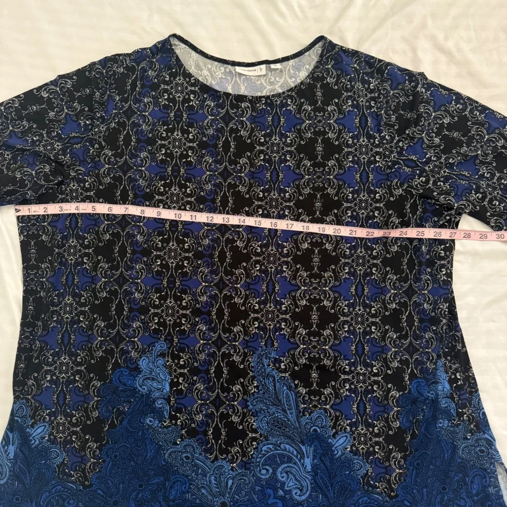 Susan Graver Blue Paisley Scroll Liquid Knit Tunic Top 3X Long Sleeve Office - Picture 3 of 6